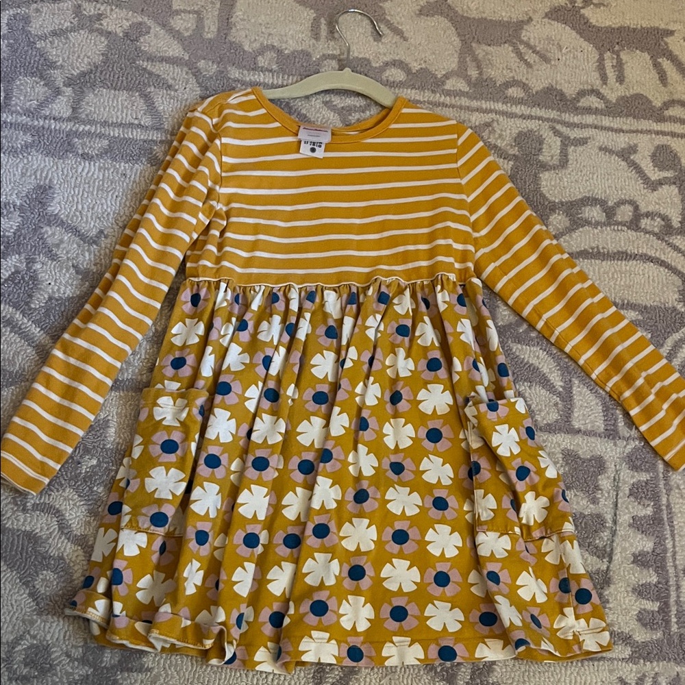 Hanna Andersson Mustard Yellow Striped Top with Floral Skirt Dress